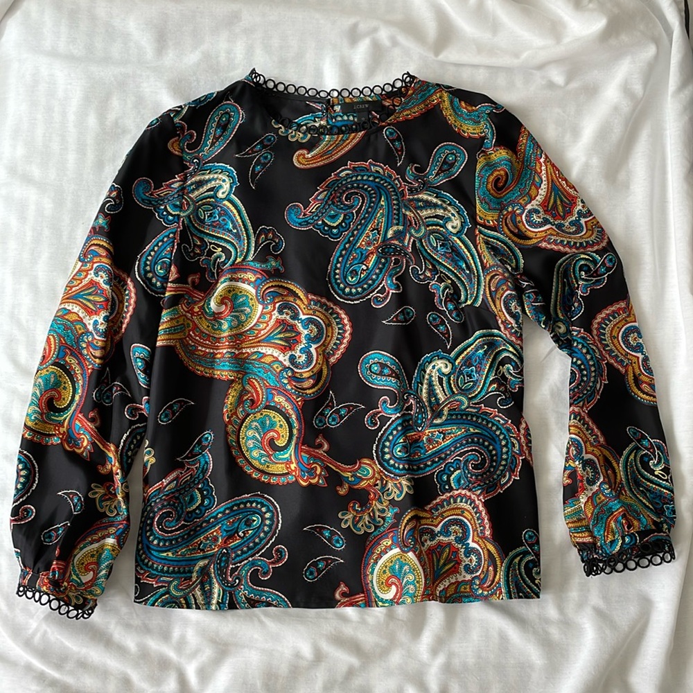 J. Crew Blue Black and Orange Paisley silk Blouse